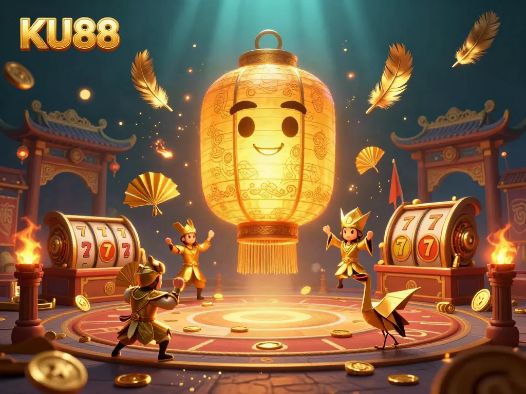 Experience the thrill of winning big with KU88, featuring colorful slot reels and golden coins in a vibrant casino setting.
