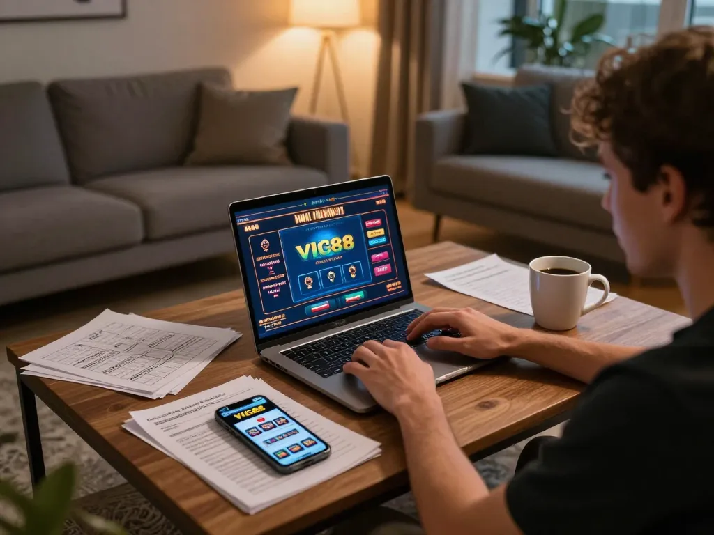 Player immersing in the VIC88 online casino experience with strategic notes in a cozy living room