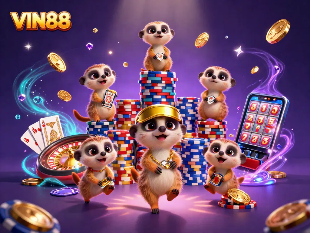 Experience the thrilling atmosphere of VIN88 casino with meerkats running games, colorful chips, and magical lights.