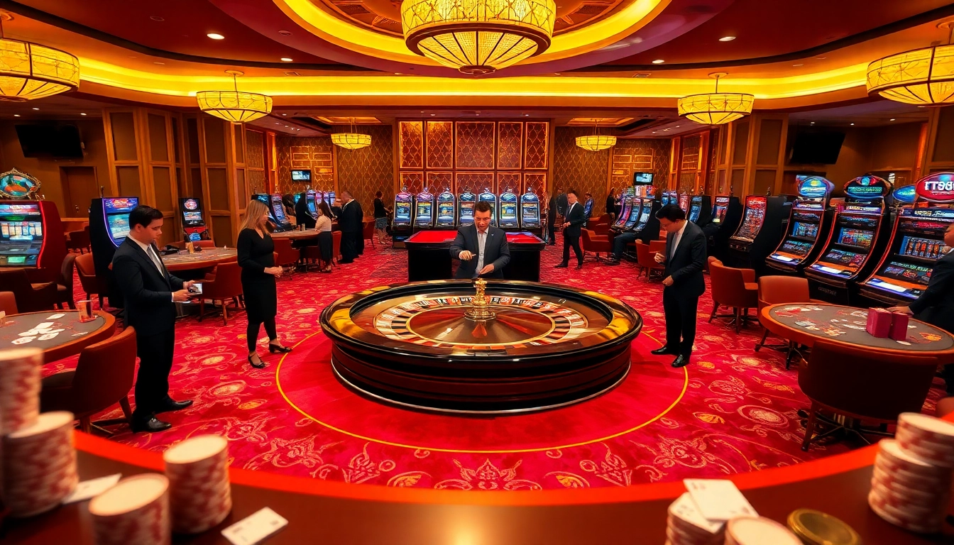 Players enjoying a thrilling roulette game at TT88 casino, with vibrant ambiance and luxurious design.