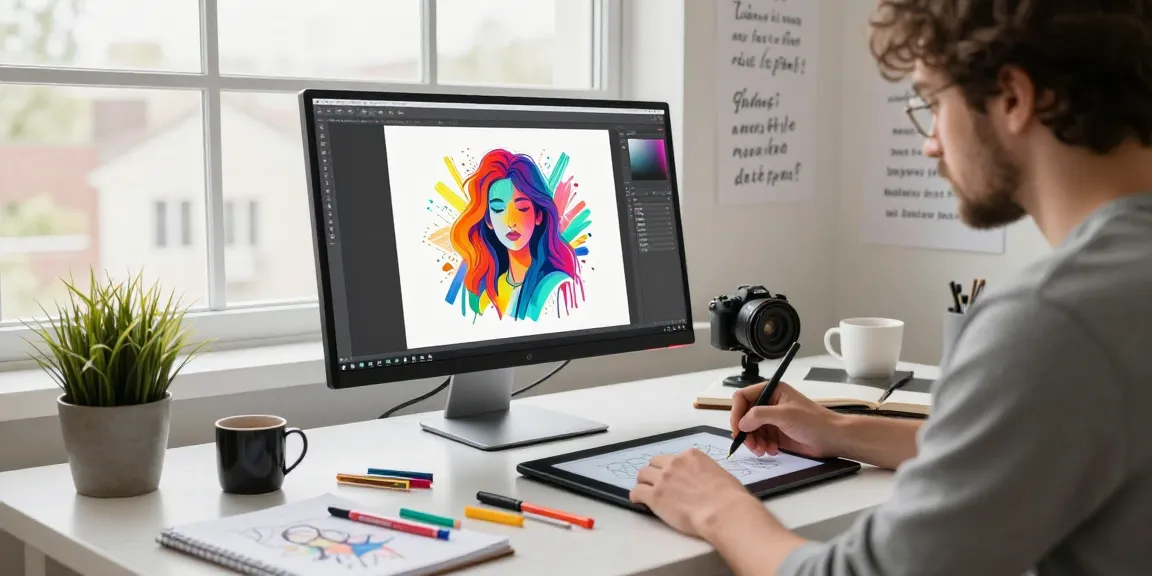 Digital artist using an image to prompt tool in a creative workspace with vibrant AI art.