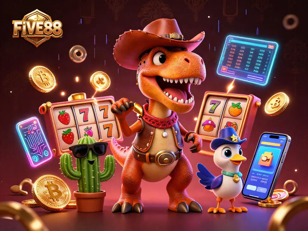 Experience the excitement of FIVE88 with a cartoon dinosaur character in a vibrant casino slot scene