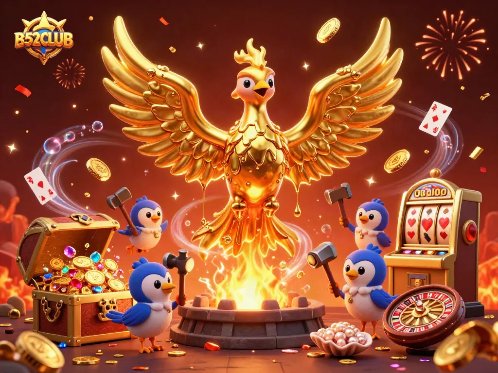 B52CLUB showcases a golden phoenix symbolizing wealth, surrounded by vibrant casino elements and celebrating confetti.