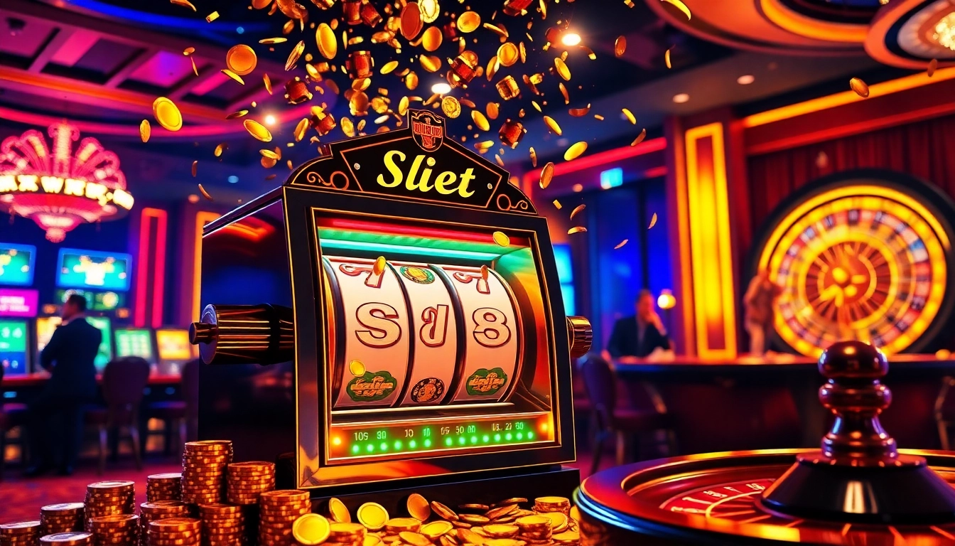 Player enjoying the s8 slot machine in a luxurious casino setting, surrounded by vibrant elements.