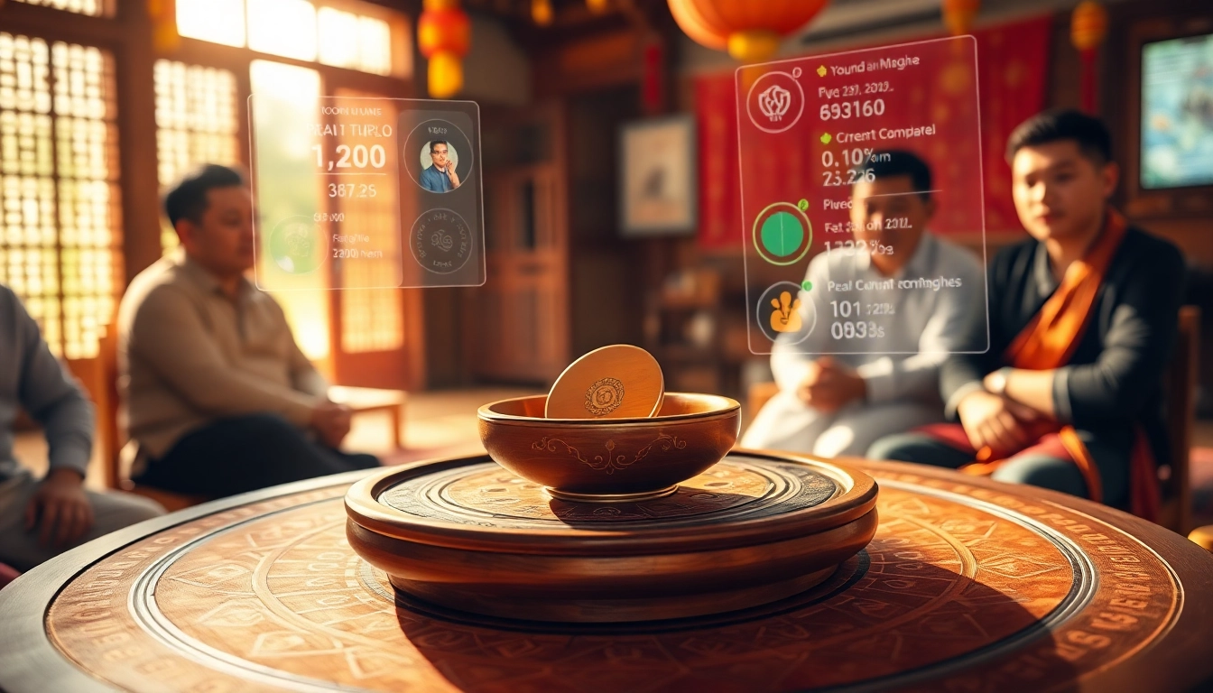 Xóc đĩa game setting with a wooden bowl and vibrant colors, symbolizing luck and tradition.