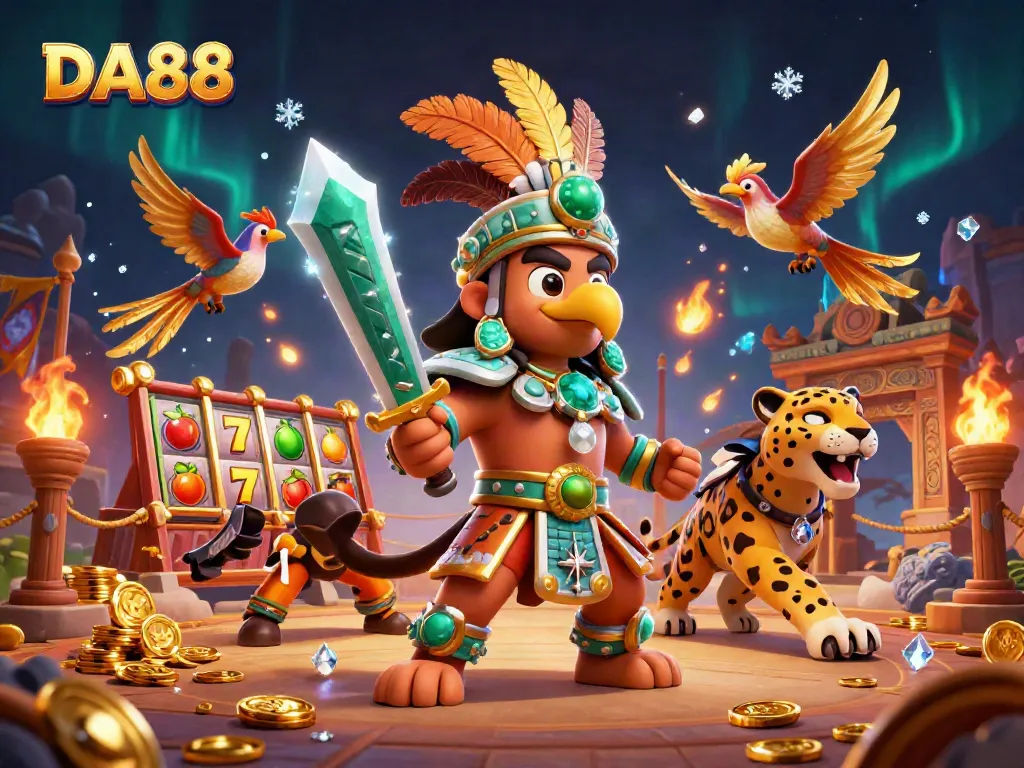 A dynamic scene with DA88 characters featuring Aztec warriors engaging in thrilling slot gameplay.
