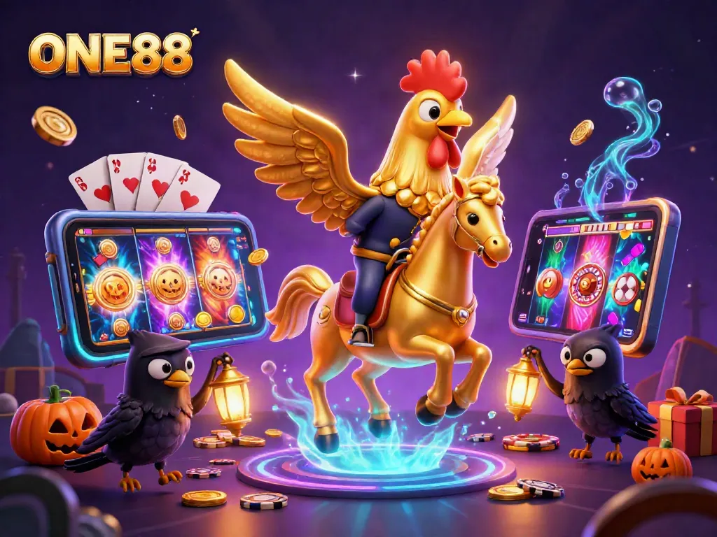Experience thrills at ONE88 with a dynamic golden rooster in a vibrant casino scene.
