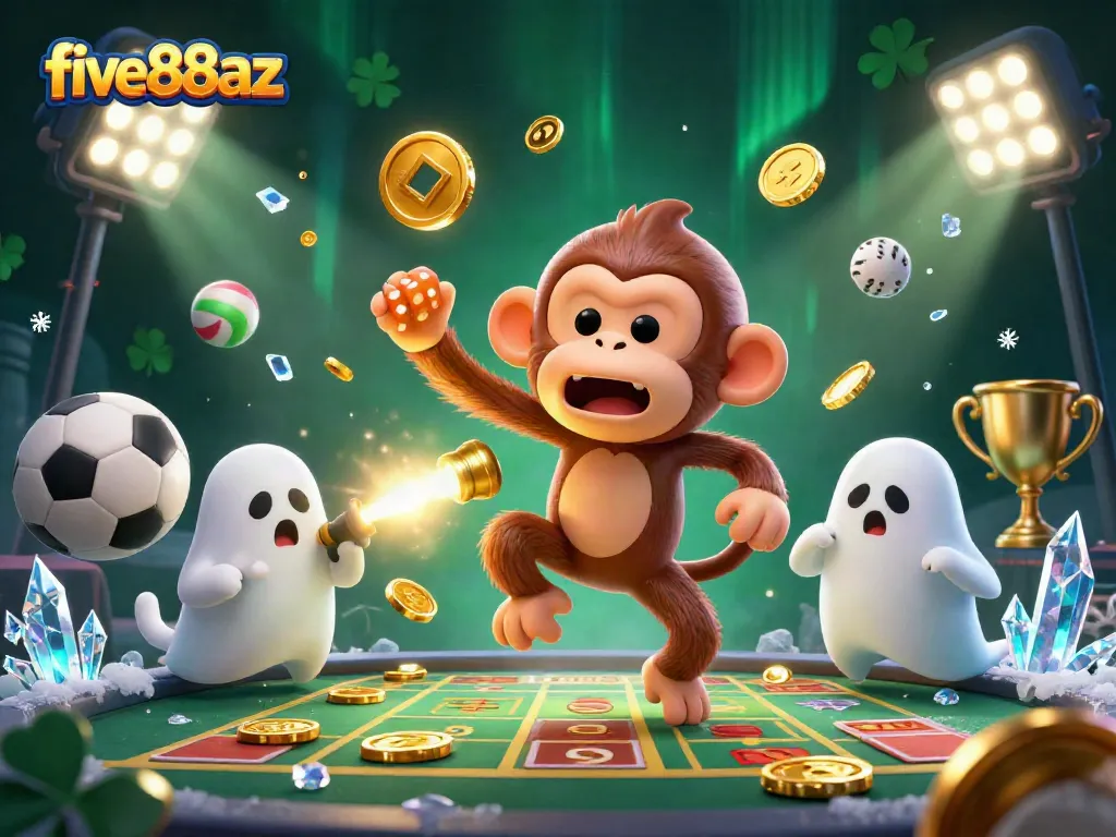 Experience thrilling moments at five88az with a lively casino scene, featuring a playful monkey and curious puppy.