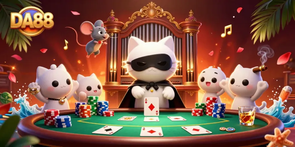 Experience thrilling action at DA88 casino with the phantom cat orchestrating a vibrant gaming scene.
