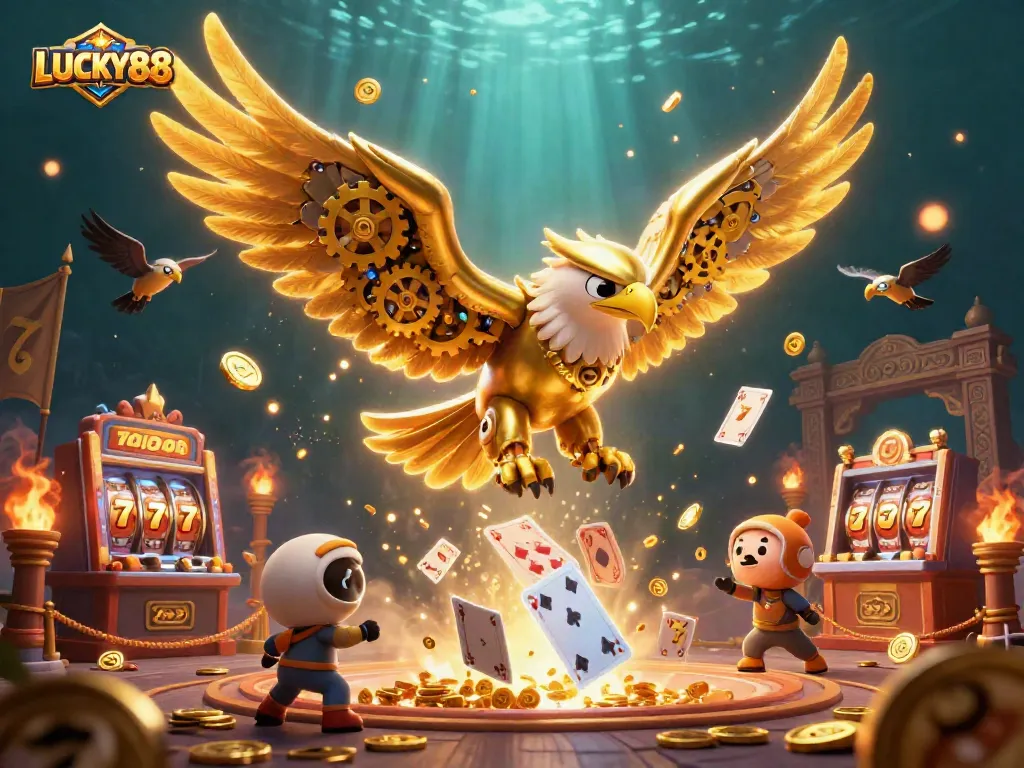 LUCKY88 captivates players with a dynamic scene filled with slot machines and 3D characters.