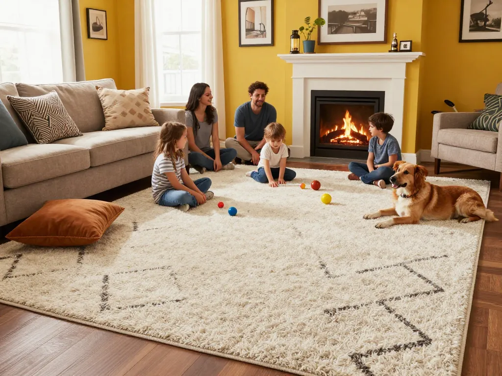 Residential carpet installation showcased in a cozy living room with a family enjoying comfort on the plush new carpet.