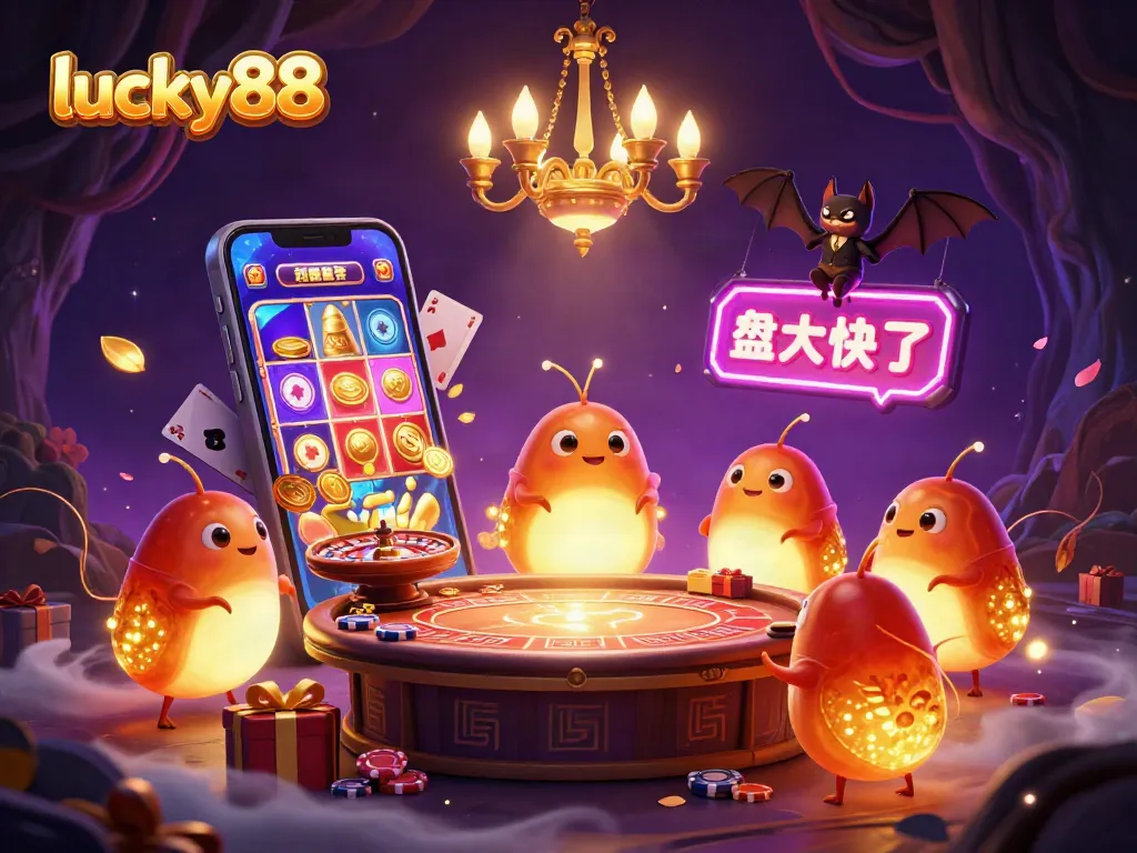 Experience the thrill of lucky88 with cartoon glowworms lighting up a vibrant casino scene.