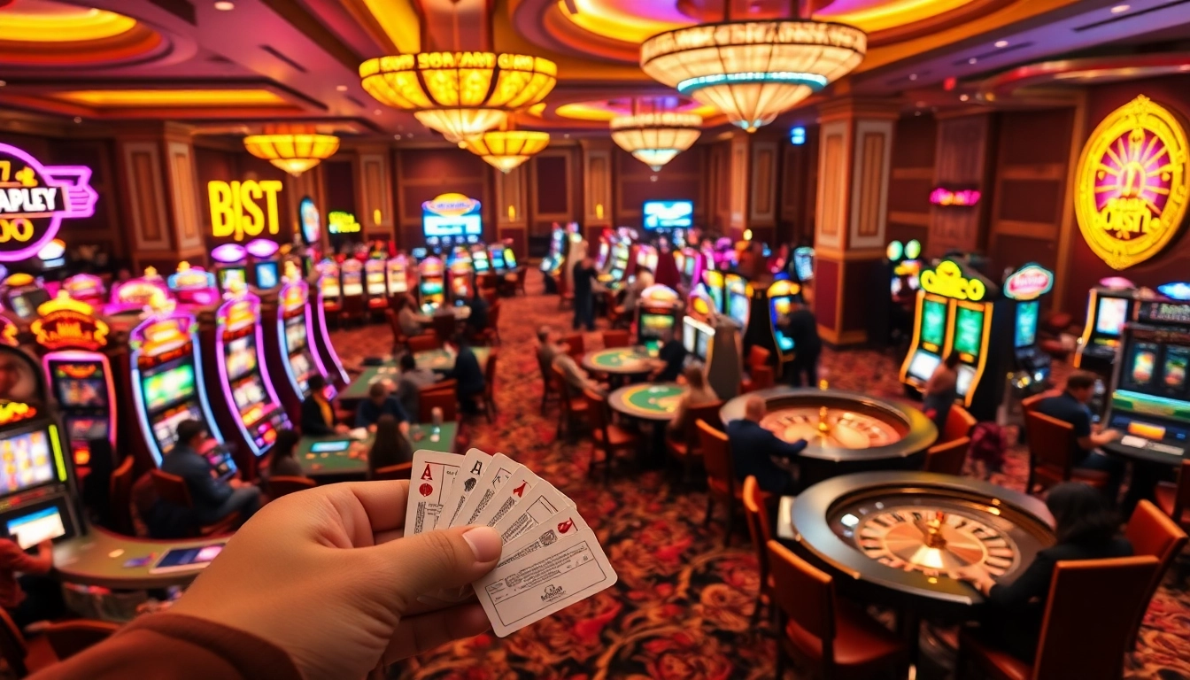 Exciting casino scene showcasing players at tables while highlighting https://f1682.email/ gambling strategies.