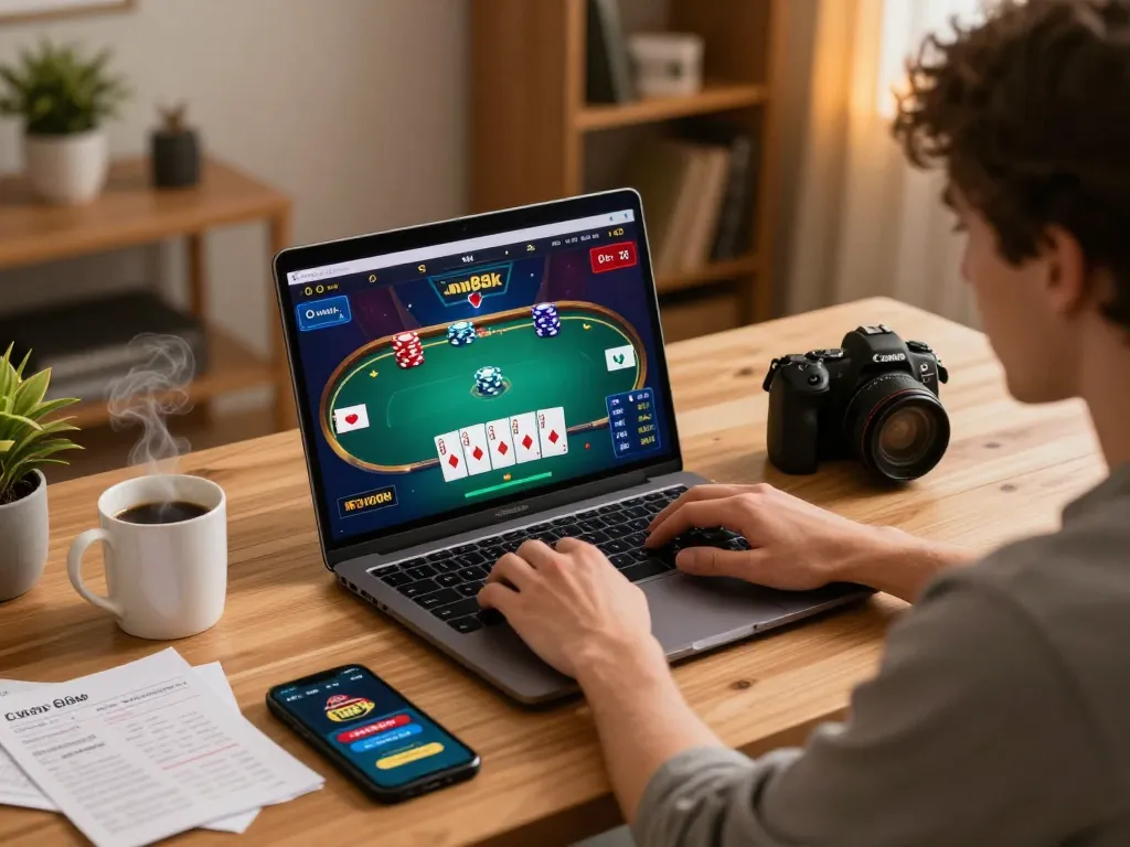 Player engaging in online poker at home using mm88k laptop and smartphone, with strategy notes nearby.