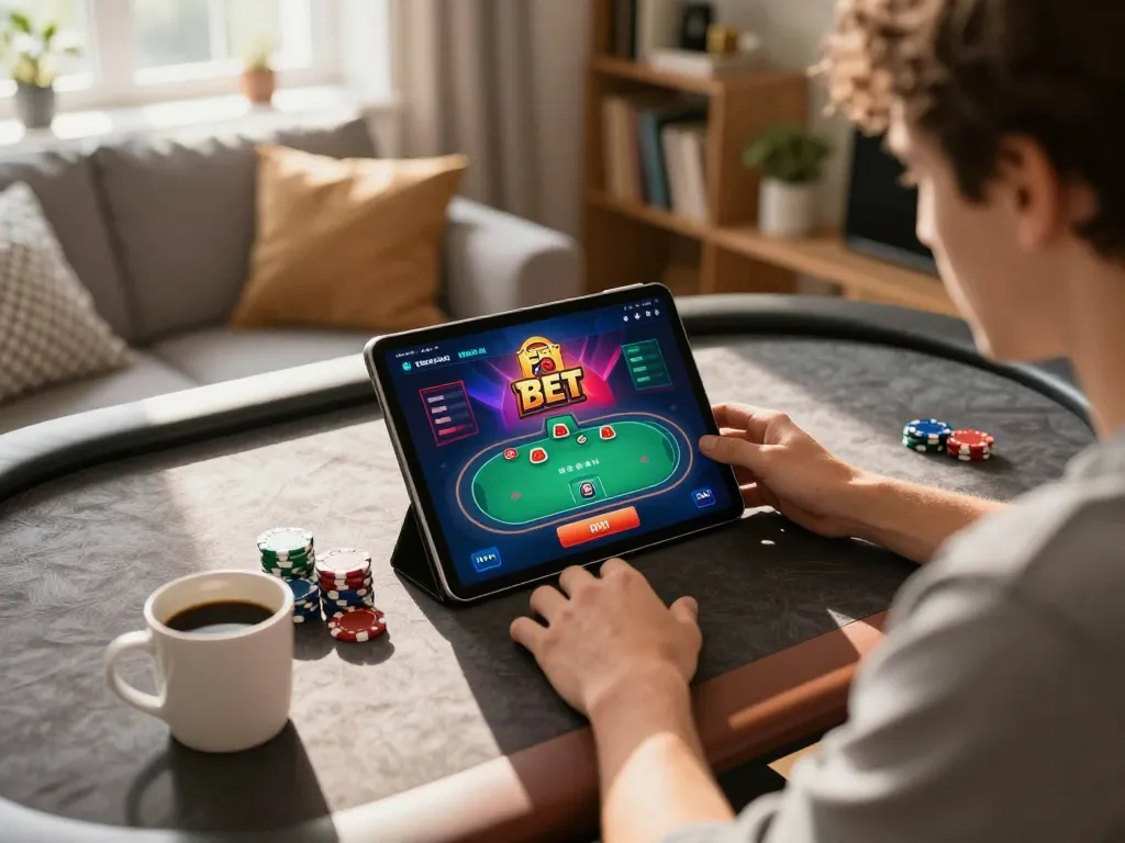 Player engaging with F8 BET app on tablet during a cozy online gaming session at home