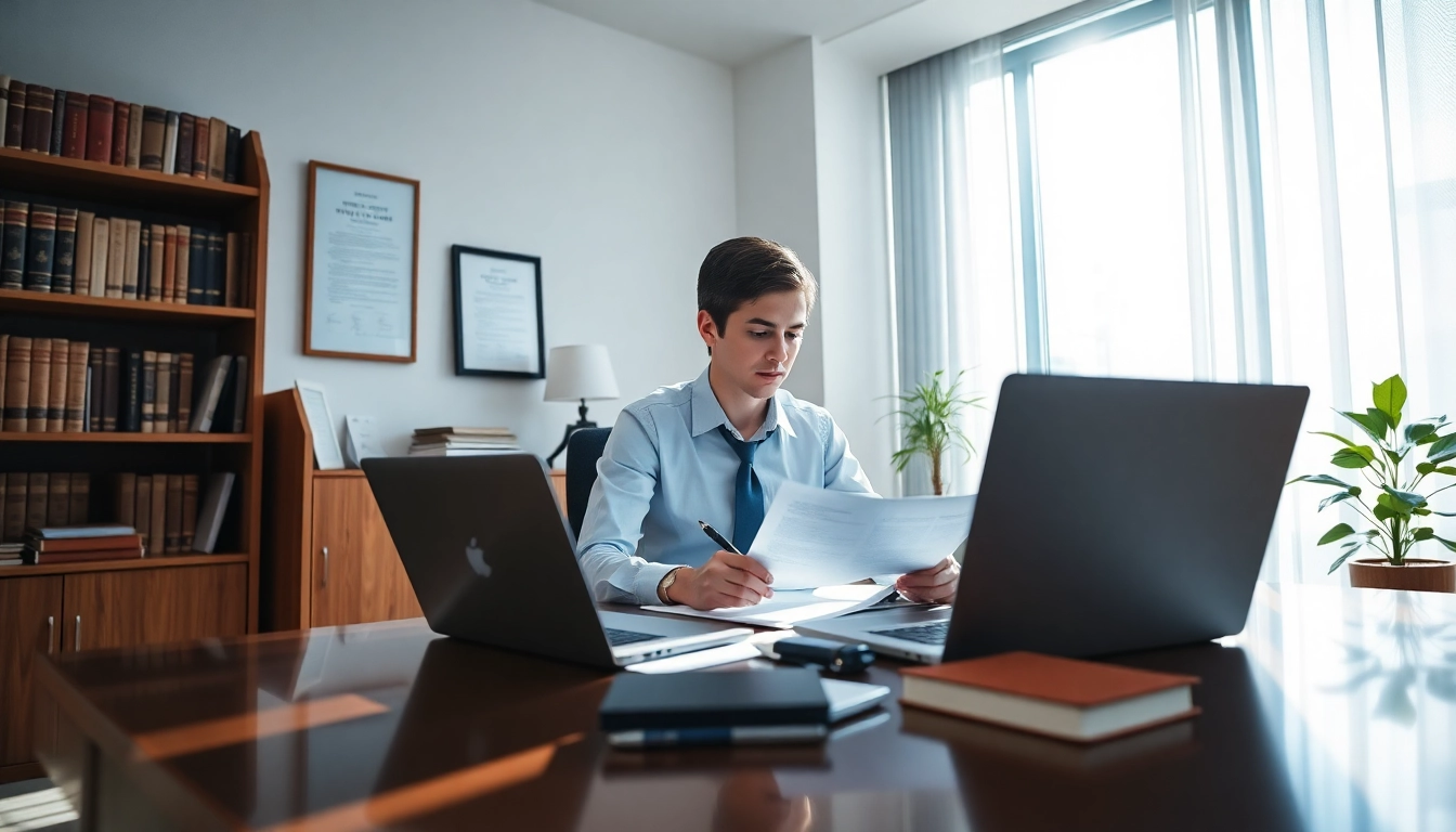 Sworn translation services in a professional setting with a translator at work.