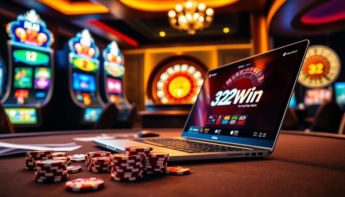Experience the excitement of gambling at 32Win's luxurious gaming table with vibrant slot machines.
