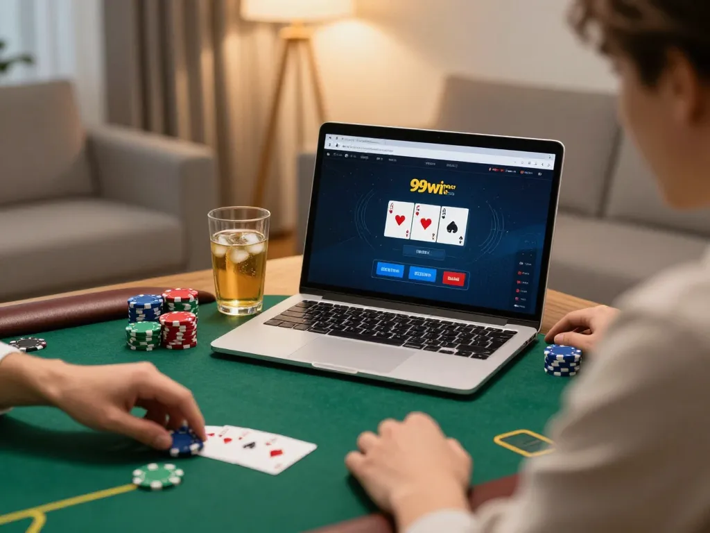 Engaging poker gameplay on 99wincasino laptop, showcasing strategic betting and relaxed atmosphere.