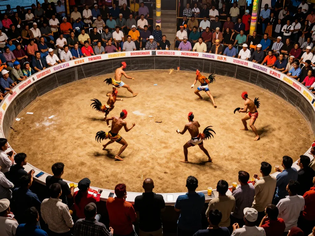 Exciting live cockfighting action from https://dagatructiep.co.uk/ with spectators engaged in intense battles.
