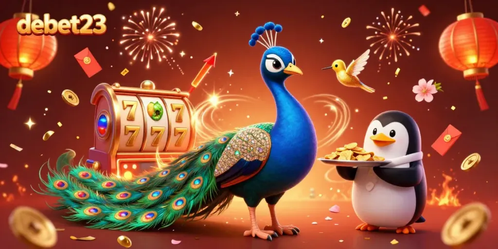 Experience vibrant gaming fun with debet23's colorful casino-themed illustration featuring lucky symbols.