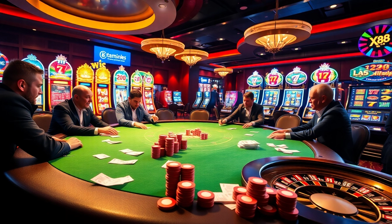 Players engage in high-stakes poker at a luxurious casino table inspired by https://x88.tours/.