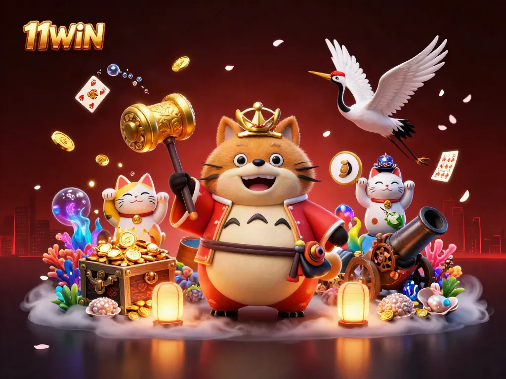 Experience the exciting world of 11WIN with vibrant characters and casino-themed elements in a colorful illustration.