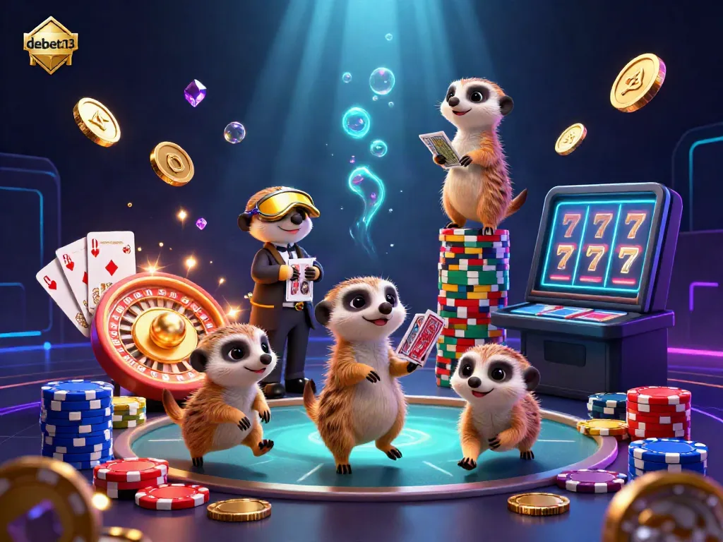 Join the fun at debet13 with cartoon meerkats engaging in vibrant casino activities, surrounded by gold!