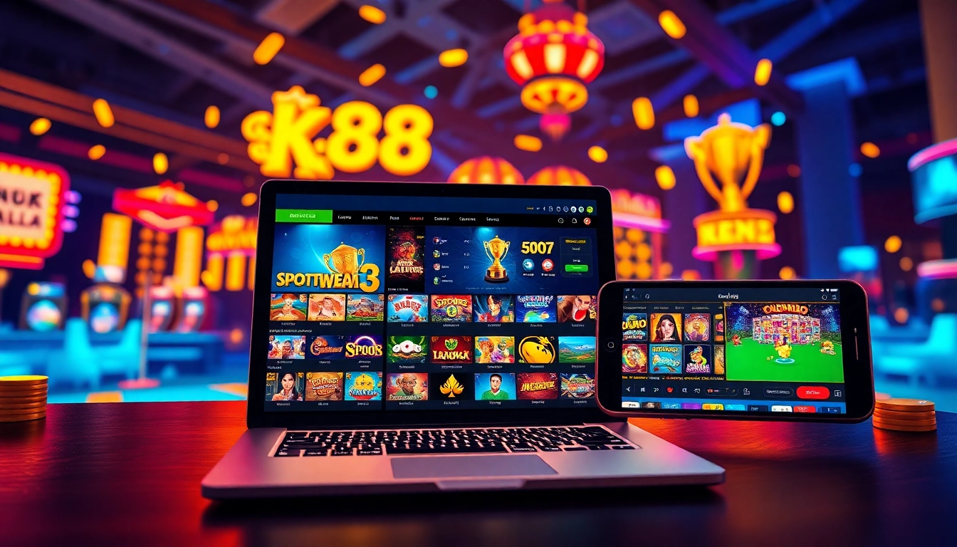 K88 online gaming platform showcasing vibrant games on laptop and smartphone.