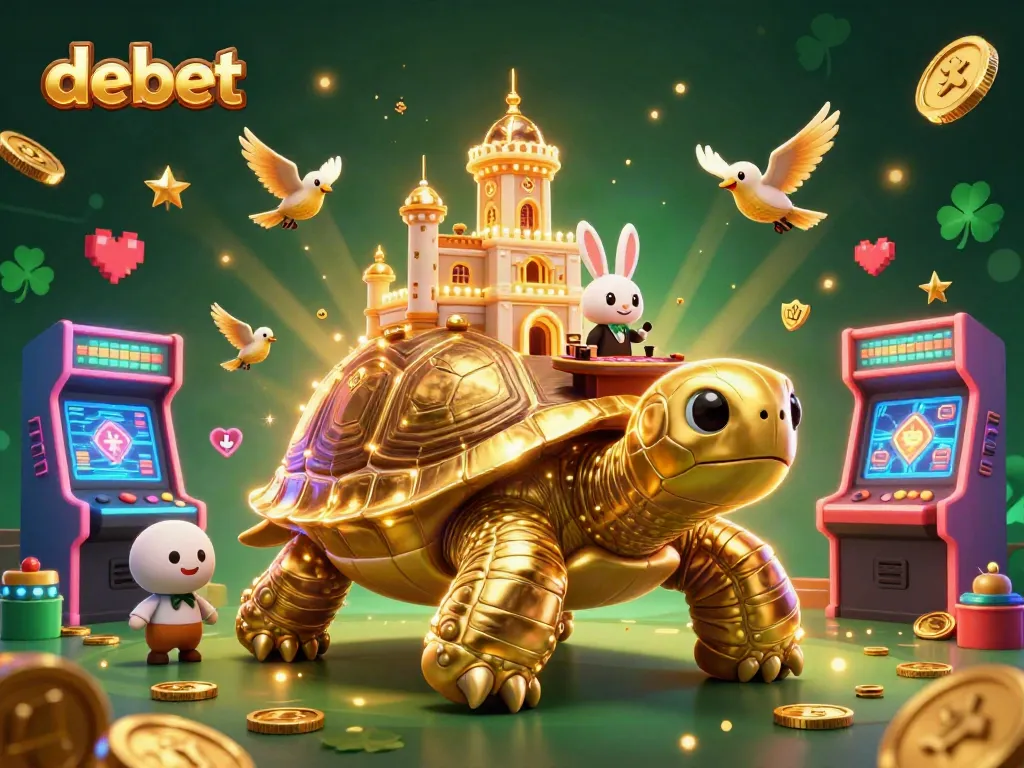 Experience debet's vibrant casino world with a golden tortoise, bunny dealer, and flying coins.