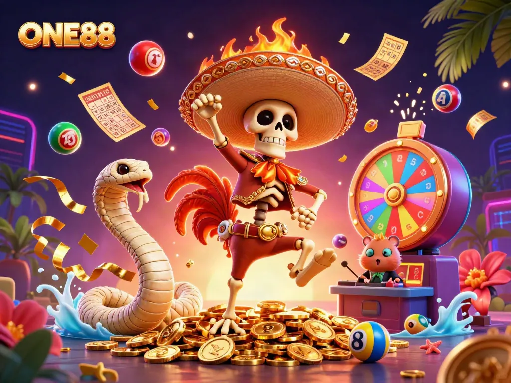 ONE88's lively victory dance scene features vibrant characters celebrating with casino-themed elements.