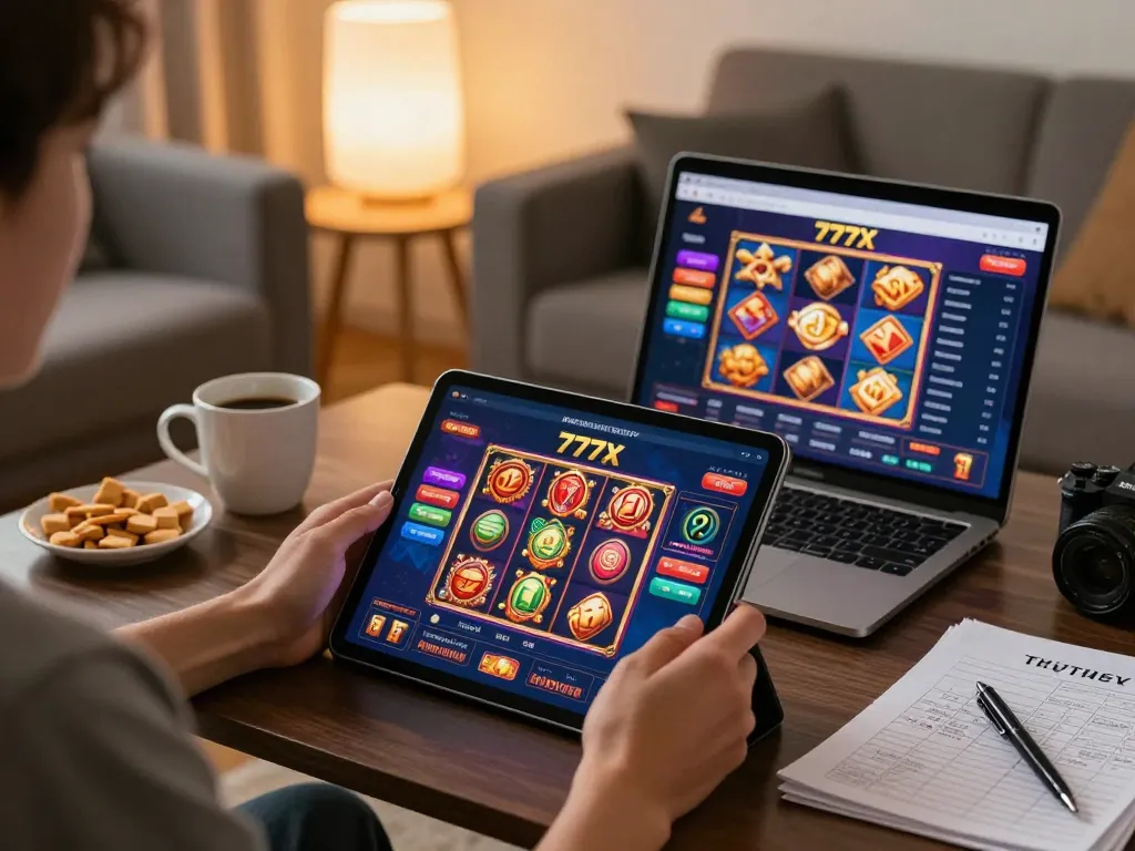 Engaging home gaming scene with 777x đăng nhập on tablet screen in a cozy living room.