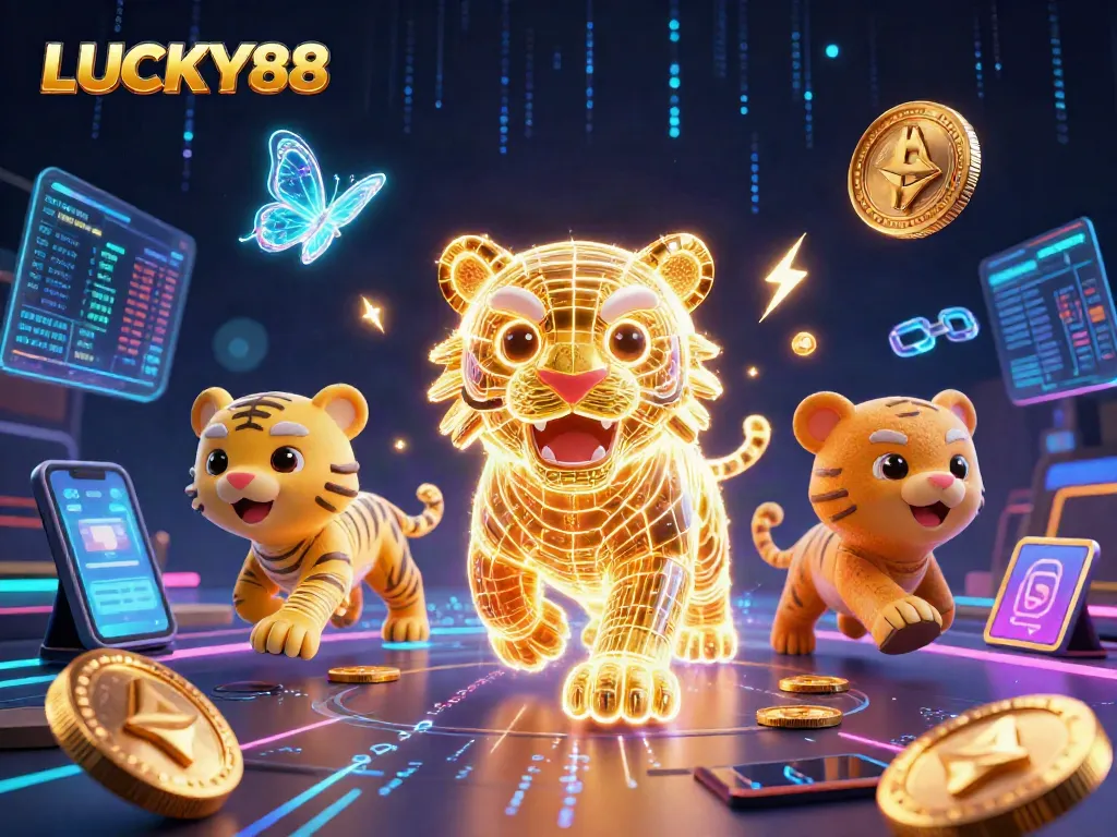 LUCKY88 presents an exciting 3D digital casino scene featuring a neon golden tiger among Bitcoin coins and data fragments.