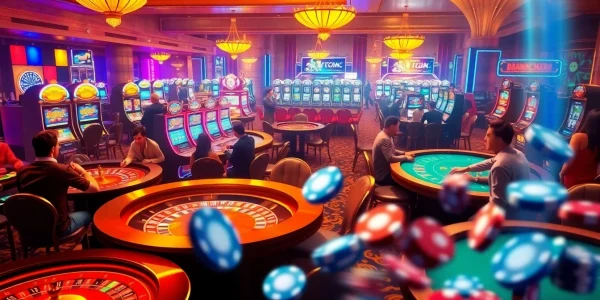 Nạp Tiền FB88 and celebrate wins at an exciting casino with vibrant tables and colorful slot machines.
