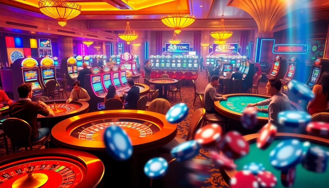 Nạp Tiền FB88 and celebrate wins at an exciting casino with vibrant tables and colorful slot machines.