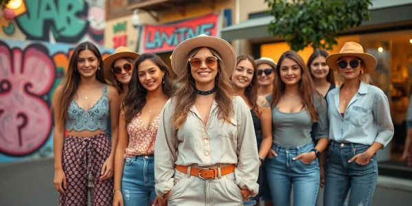 Trendy women fashion showcase with diverse outfits in an urban setting.