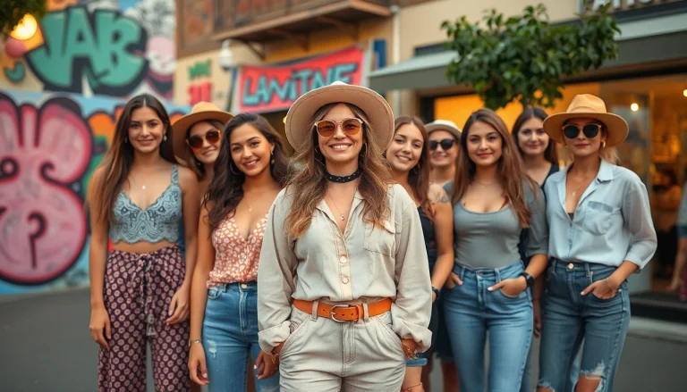 Trendy women fashion showcase with diverse outfits in an urban setting.