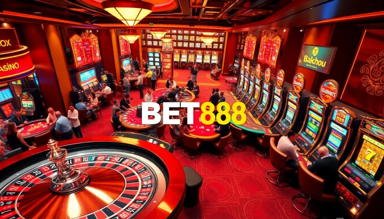 Players enjoying vibrant casino games at BET88 with roulette and slot machines.
