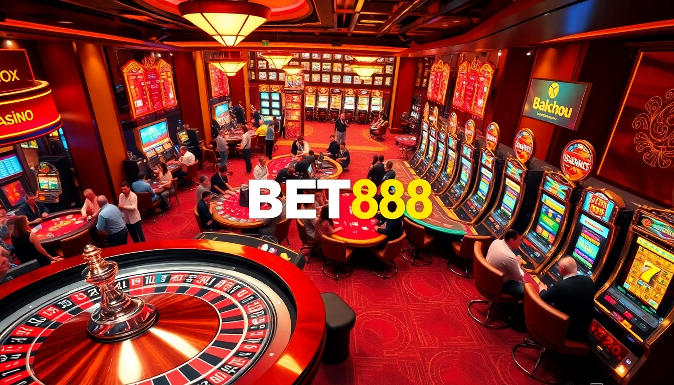 Players enjoying vibrant casino games at BET88 with roulette and slot machines.