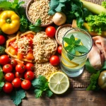 A colorful spread of healthy food, showcasing fresh fruits, vegetables, and whole grains.