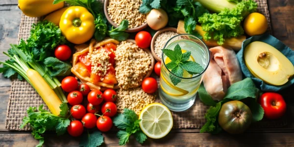 A colorful spread of healthy food, showcasing fresh fruits, vegetables, and whole grains.