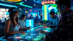 Experience new technology transforming gambling with vibrant casino scene and holographic elements.