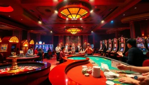 Players enjoying thrilling games at nhà cái 69VN's luxurious casino floor, featuring vibrant slot machines and poker tables.