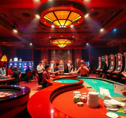 Players enjoying thrilling games at nhà cái 69VN's luxurious casino floor, featuring vibrant slot machines and poker tables.