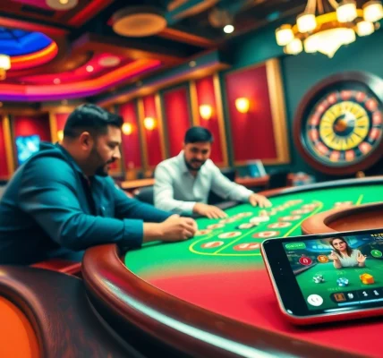 A vibrant casino scene showcasing the Top 10 nhà cái uy tín with players enjoying poker and roulette.