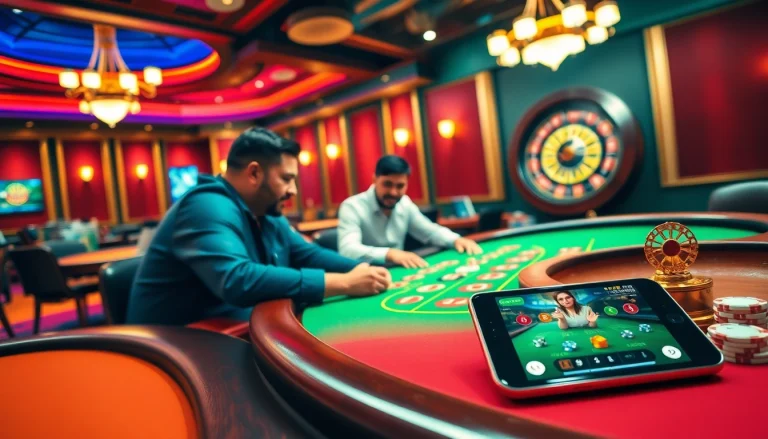 A vibrant casino scene showcasing the Top 10 nhà cái uy tín with players enjoying poker and roulette.