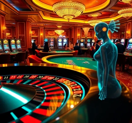 AI gf engages in a vibrant casino setting with roulette and poker games.