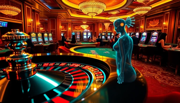 AI gf engages in a vibrant casino setting with roulette and poker games.