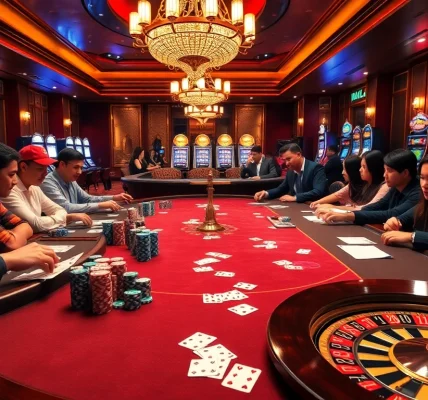 Thabet88 casino scene showcasing intense players at a vibrant poker table with gaming chips.