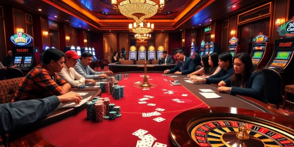 Thabet88 casino scene showcasing intense players at a vibrant poker table with gaming chips.