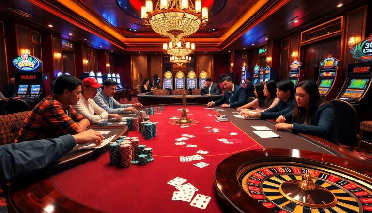 Thabet88 casino scene showcasing intense players at a vibrant poker table with gaming chips.